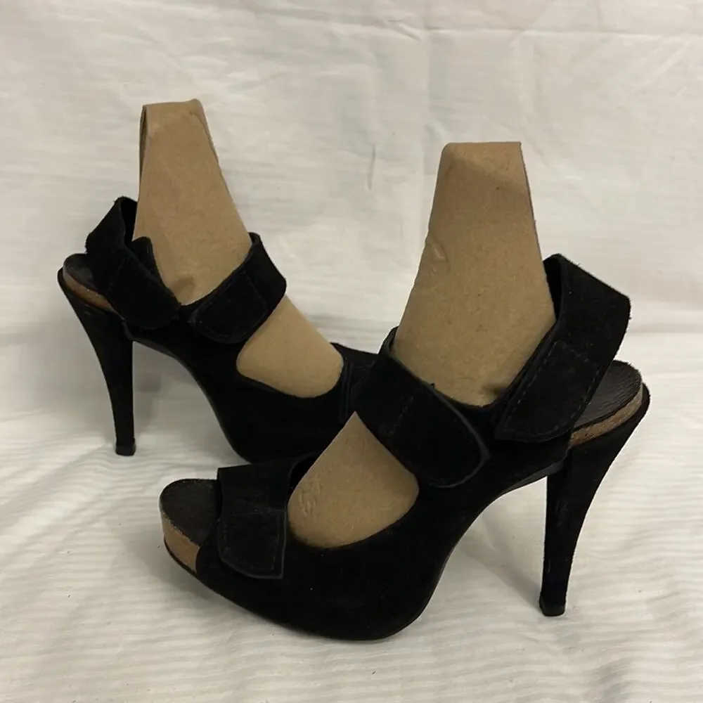 Pedro Garcia Black Suede mid-Heel Sandals Size 37.5 USA 7.5